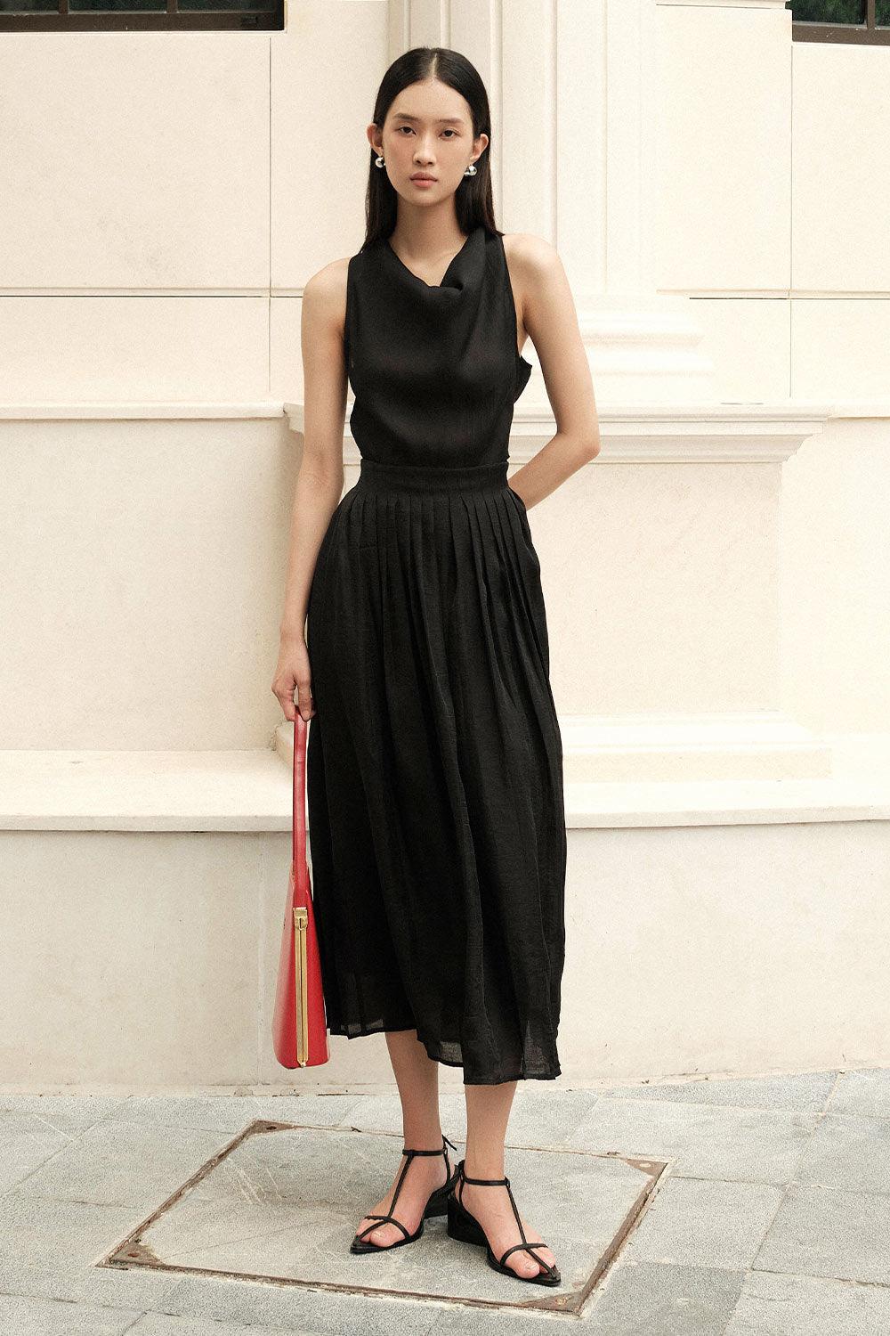Juniper Pleated Cowl Neck Silk Crepe Midi Dress