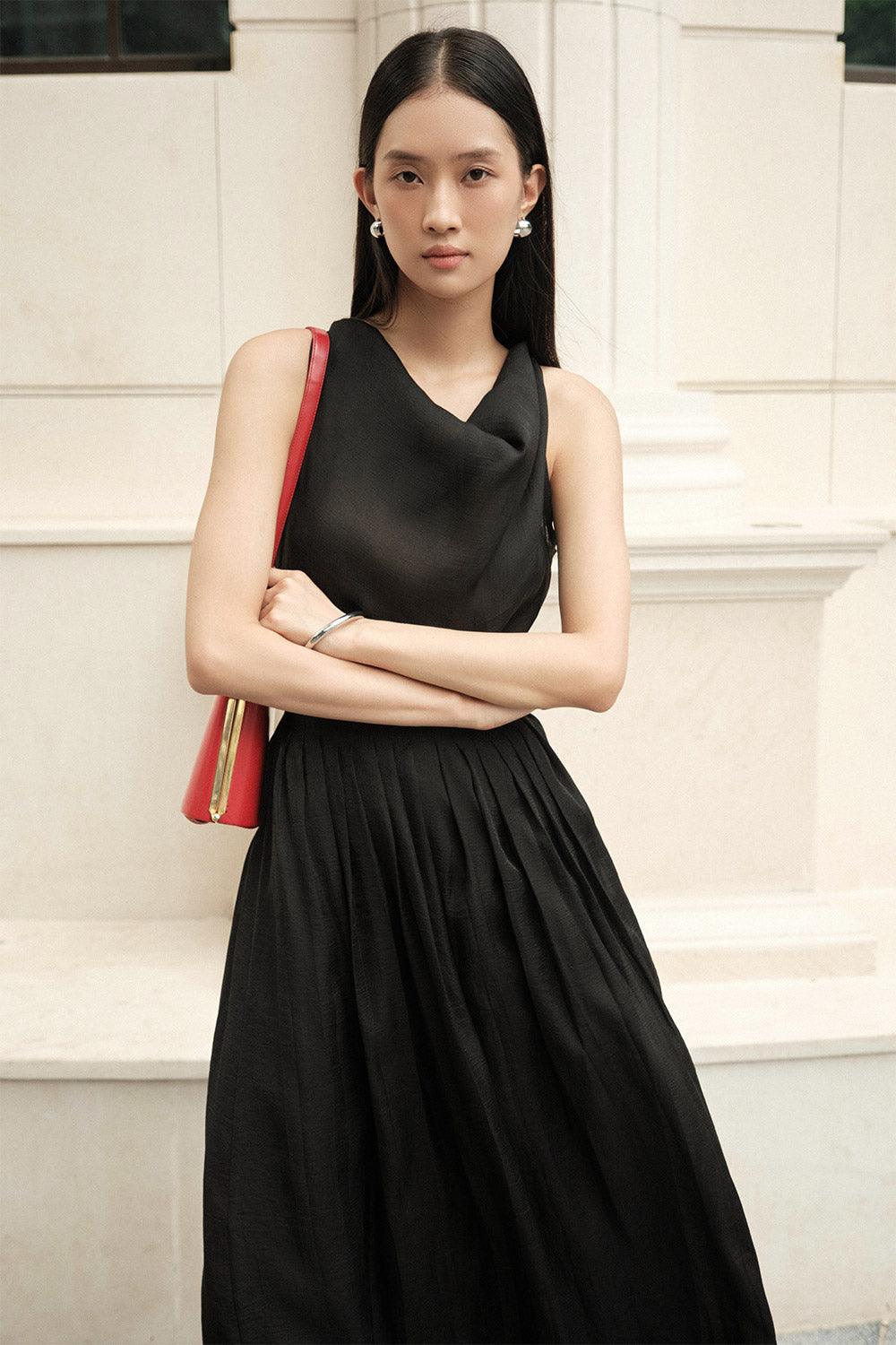 Juniper Pleated Cowl Neck Silk Crepe Midi Dress