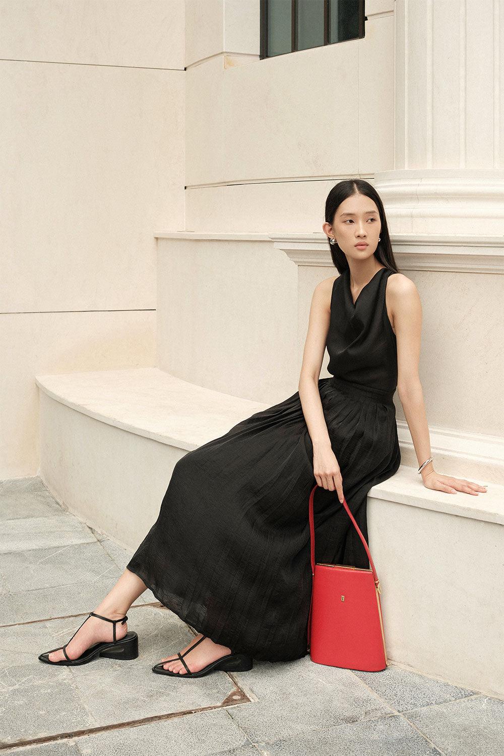 Juniper Pleated Cowl Neck Silk Crepe Midi Dress