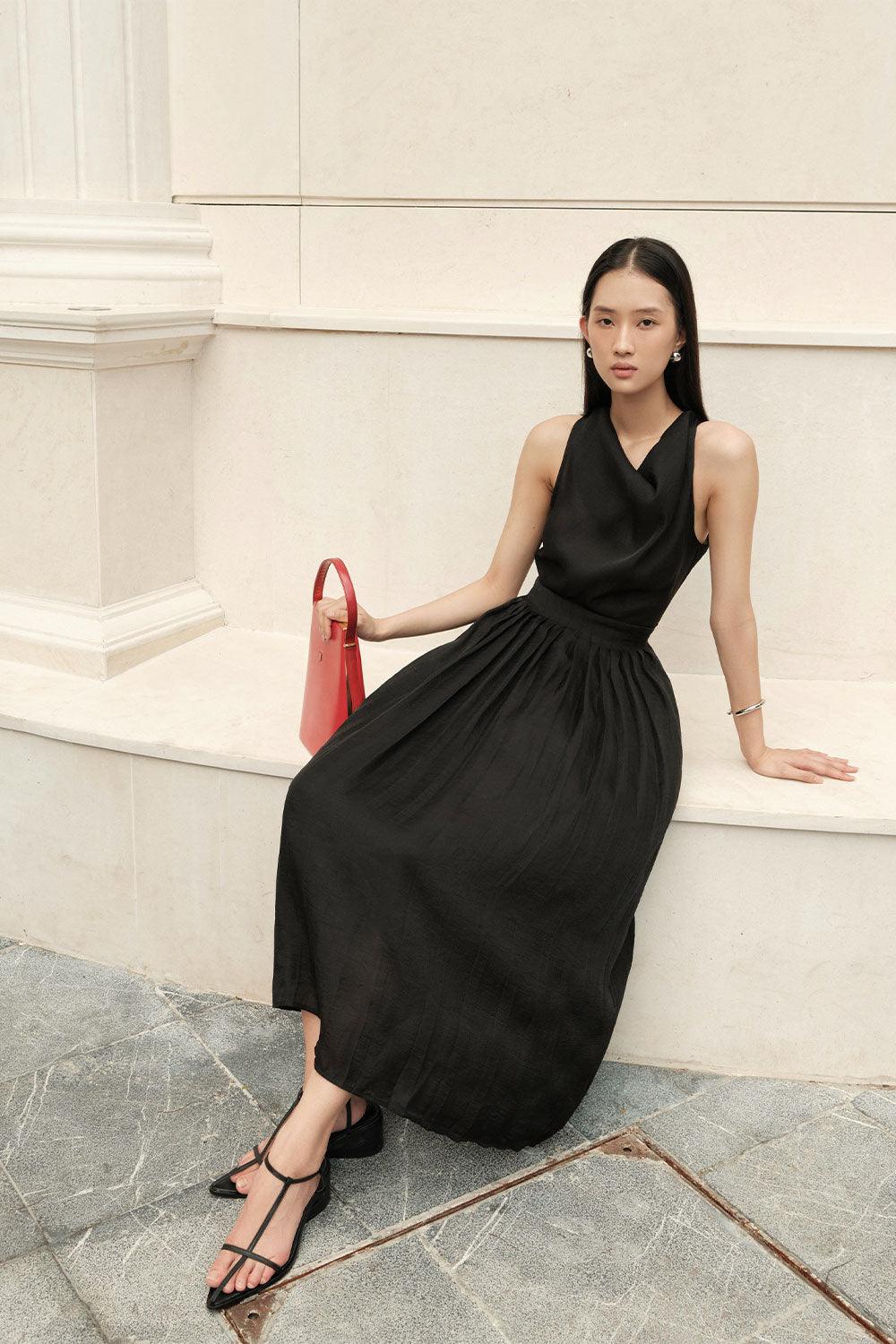 Juniper Pleated Cowl Neck Silk Crepe Midi Dress