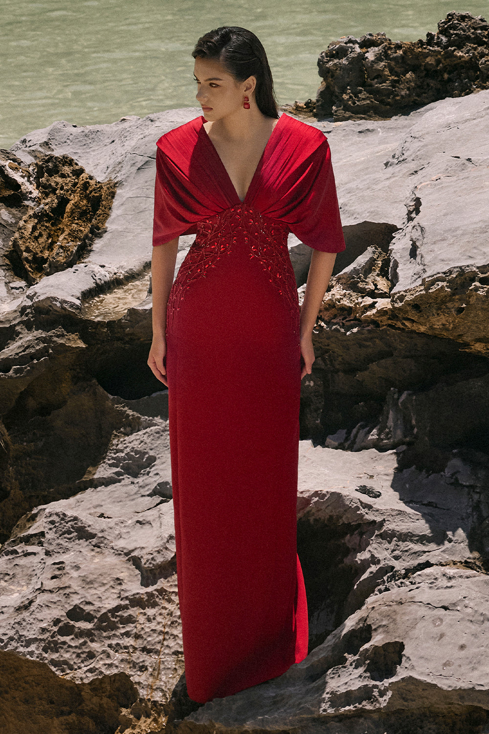 Women's Alaia Sheath Cape Sleeved Crepe Floor Length Dress XS/S/M/L/XL/XXL/Customize/Wine Red/MEAN BLVD Wine Red / L Women's Alaia Sheath Cape Sleeved Crepe Floor Length Dress XS/S/M/L/XL/XXL/Customize/Wine Red/MEAN BLVD Wine Red / L
