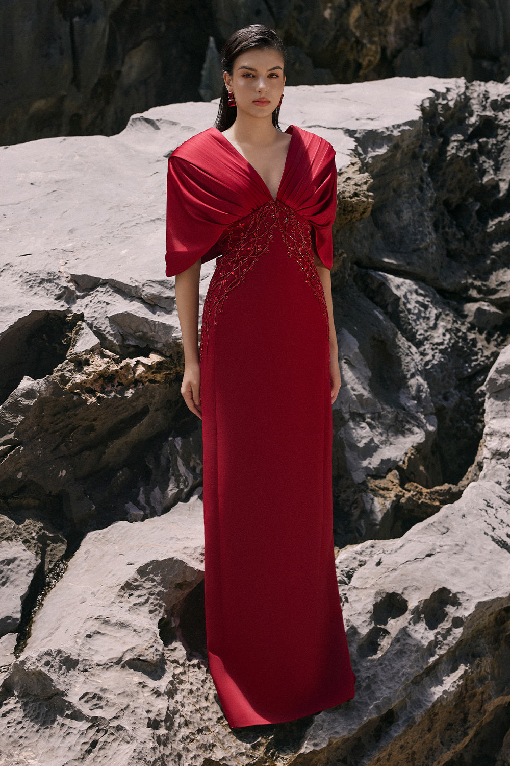 alaia red dress Women's Alaia Sheath Cape Sleeved Crepe Floor Length Dress XS/S/M/L/XL/XXL/Customize/Wine Red/MEAN BLVD
