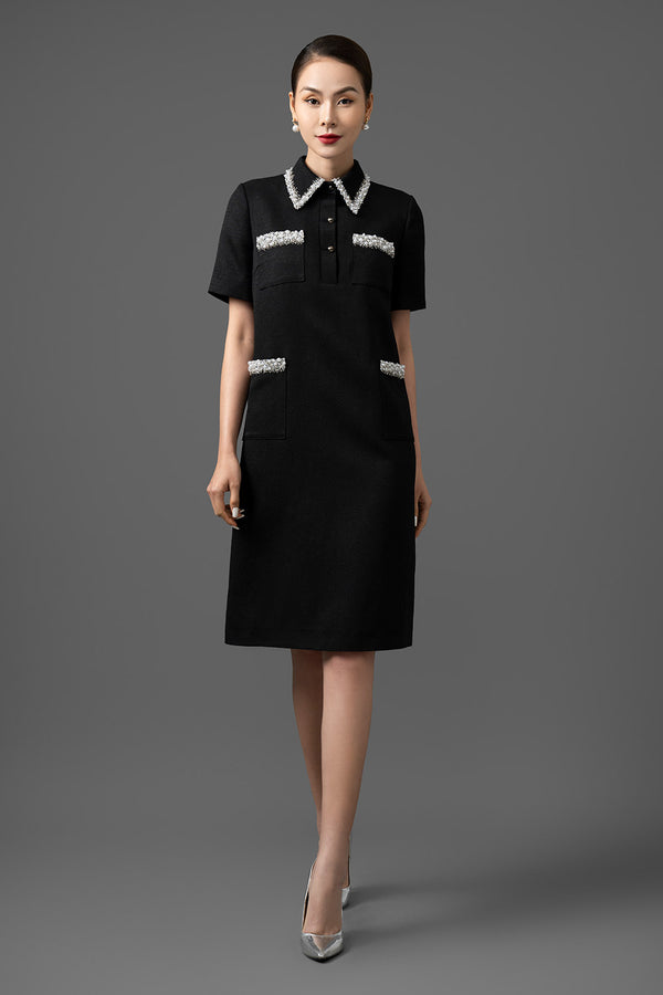 Edora Trapezoid Collared Neck Gabardine Below The Knee Dress