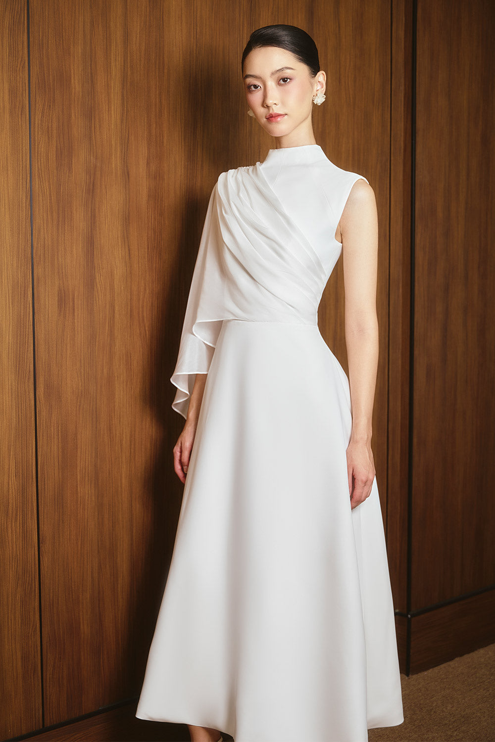 Odette A-line Asymmetric Sleeved Twill Midi Dress