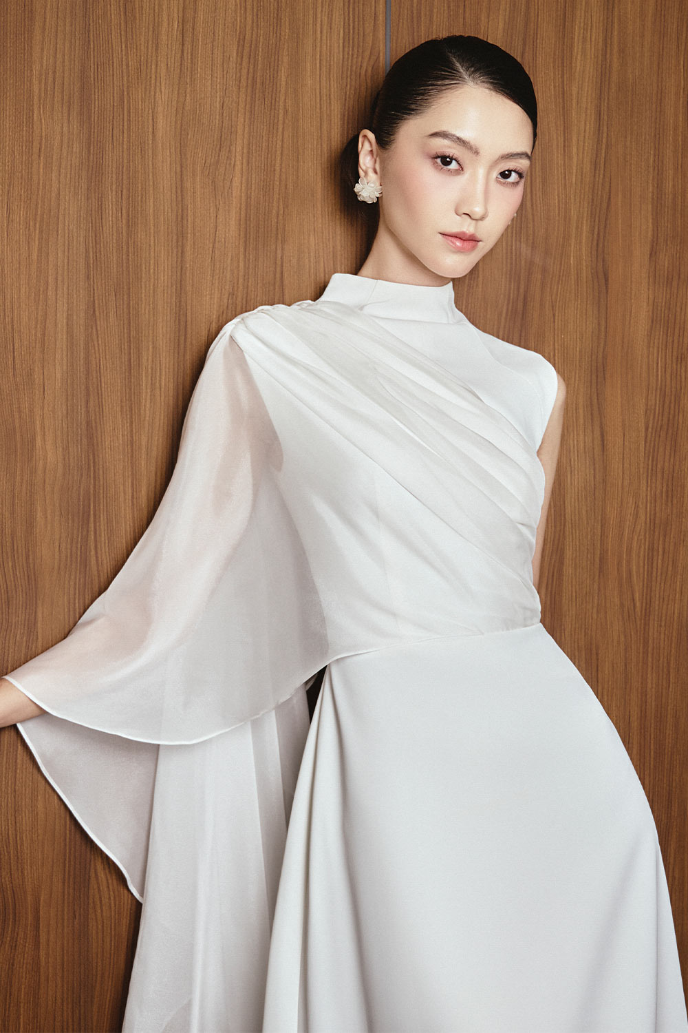Odette A-line Asymmetric Sleeved Twill Midi Dress