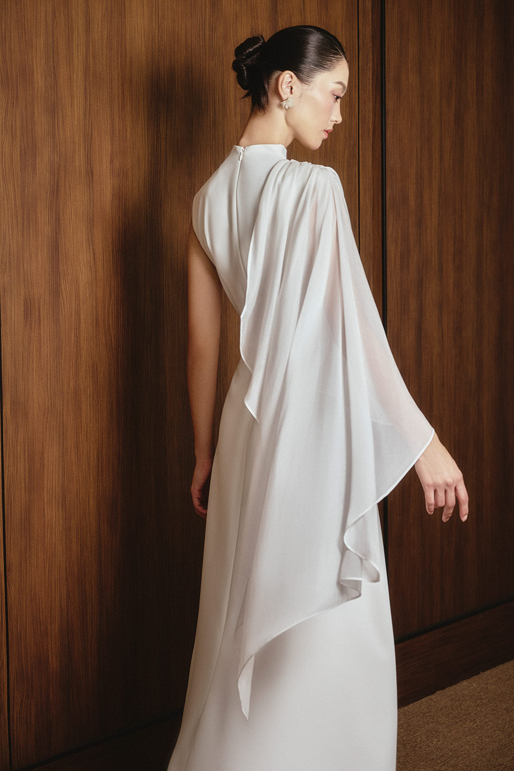 Odette A-line Asymmetric Sleeved Twill Midi Dress