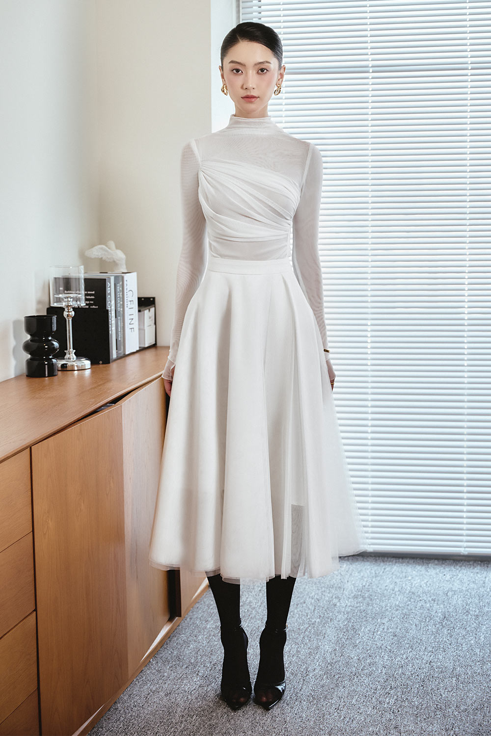 Sophia A-line Flared Tulle Midi Skirt