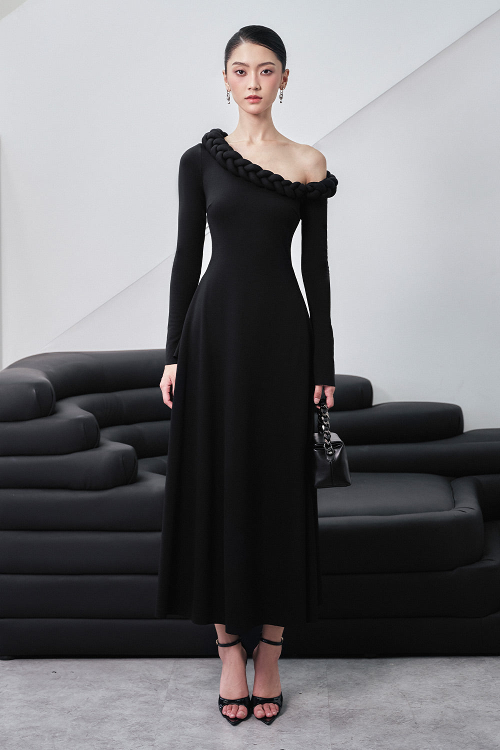 Gwen A-line Asymmetric Shoulder Cotton Spandex Midi Dress