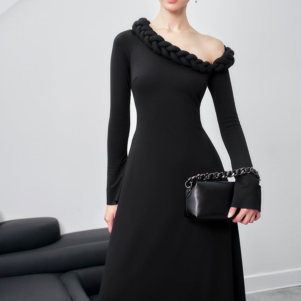 Gwen A-line Asymmetric Shoulder Cotton Spandex Midi Dress