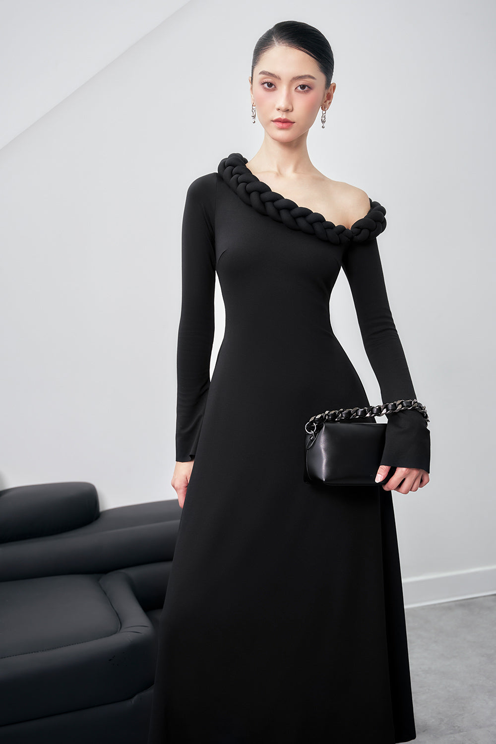 Women's Gwen A-line Asymmetric Shoulder Cotton Spandex Midi Dress S/M/L/Customize Black MEAN BLVD Black / M Women's Gwen A-line Asymmetric Shoulder Cotton Spandex Midi Dress S/M/L/Customize Black MEAN BLVD Black / M
