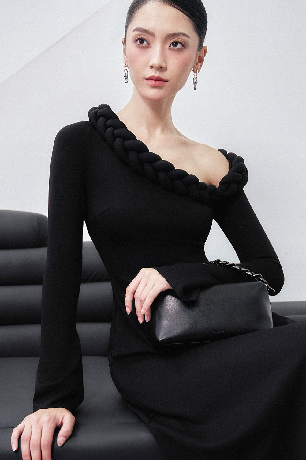 Gwen A-line Asymmetric Shoulder Cotton Spandex Midi Dress