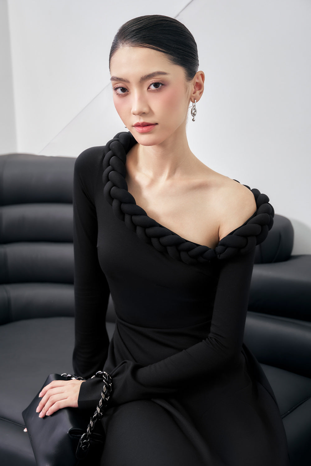 Gwen A-line Asymmetric Shoulder Cotton Spandex Midi Dress