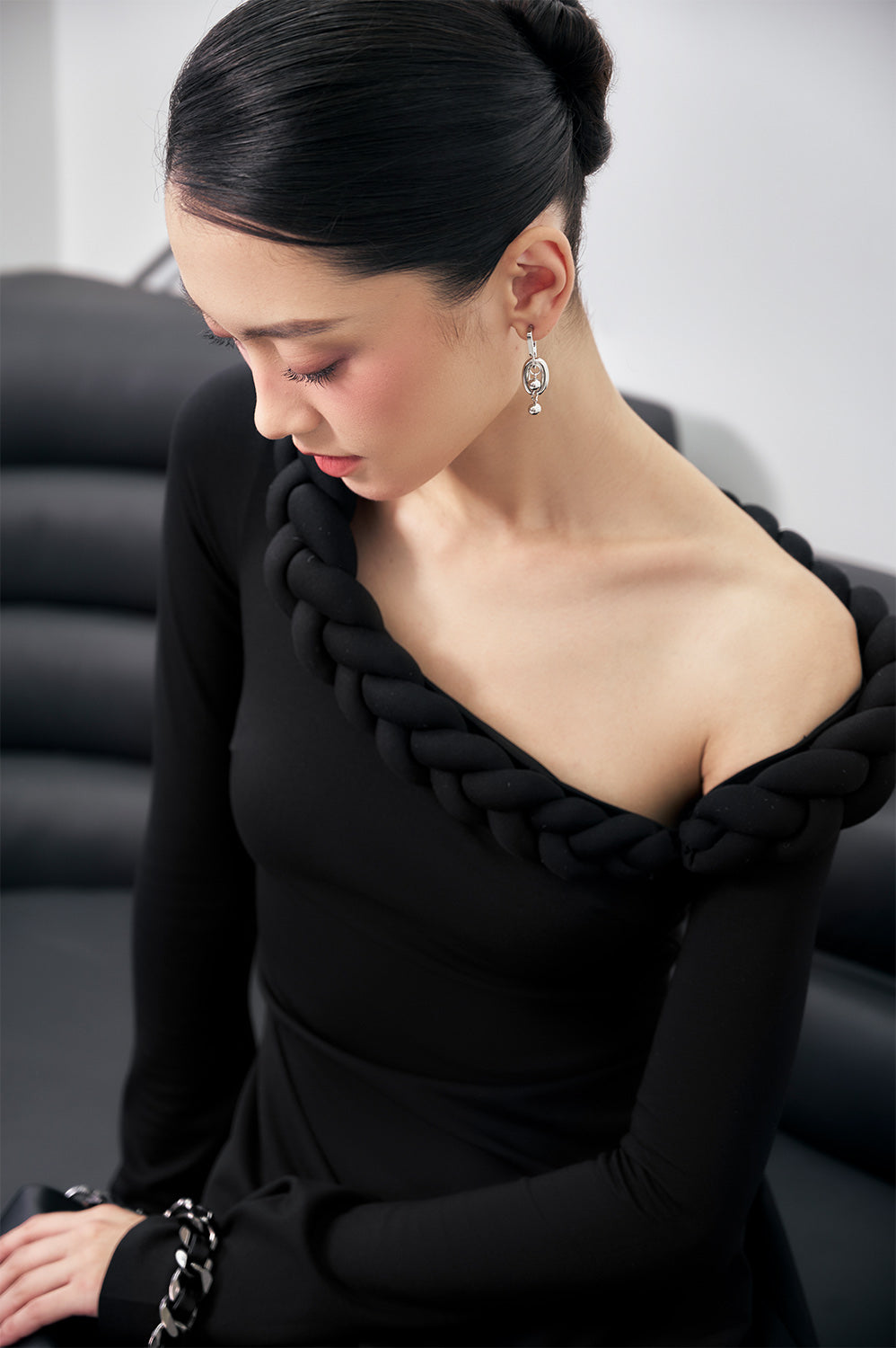 Gwen A-line Asymmetric Shoulder Cotton Spandex Midi Dress