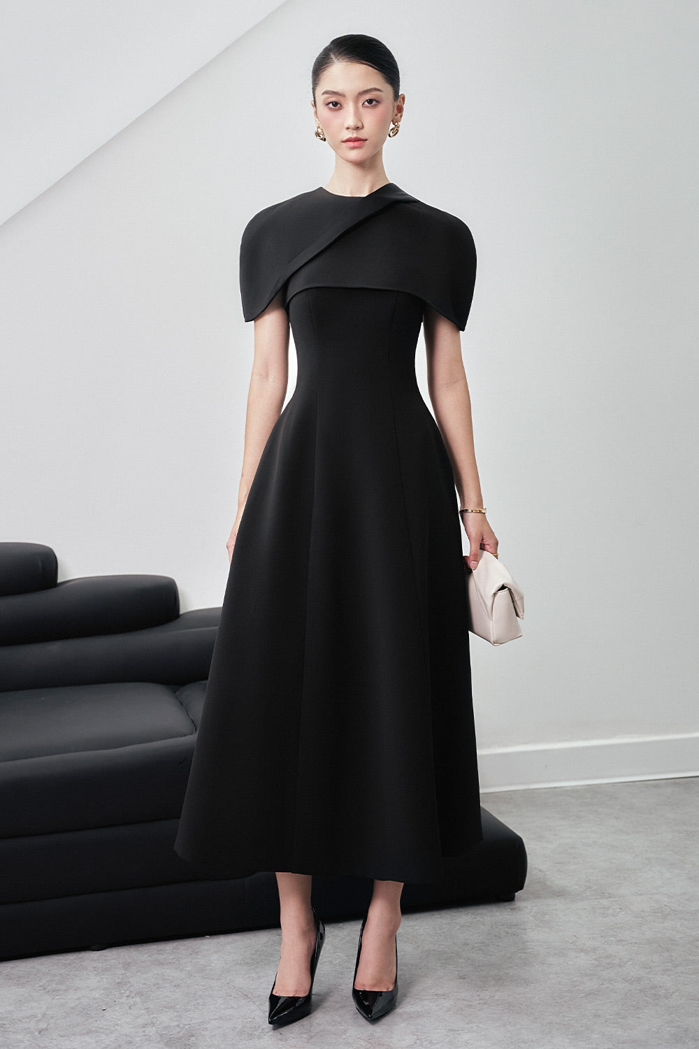 Edith A-line Cape Shoulder Wool Blend Midi Dress