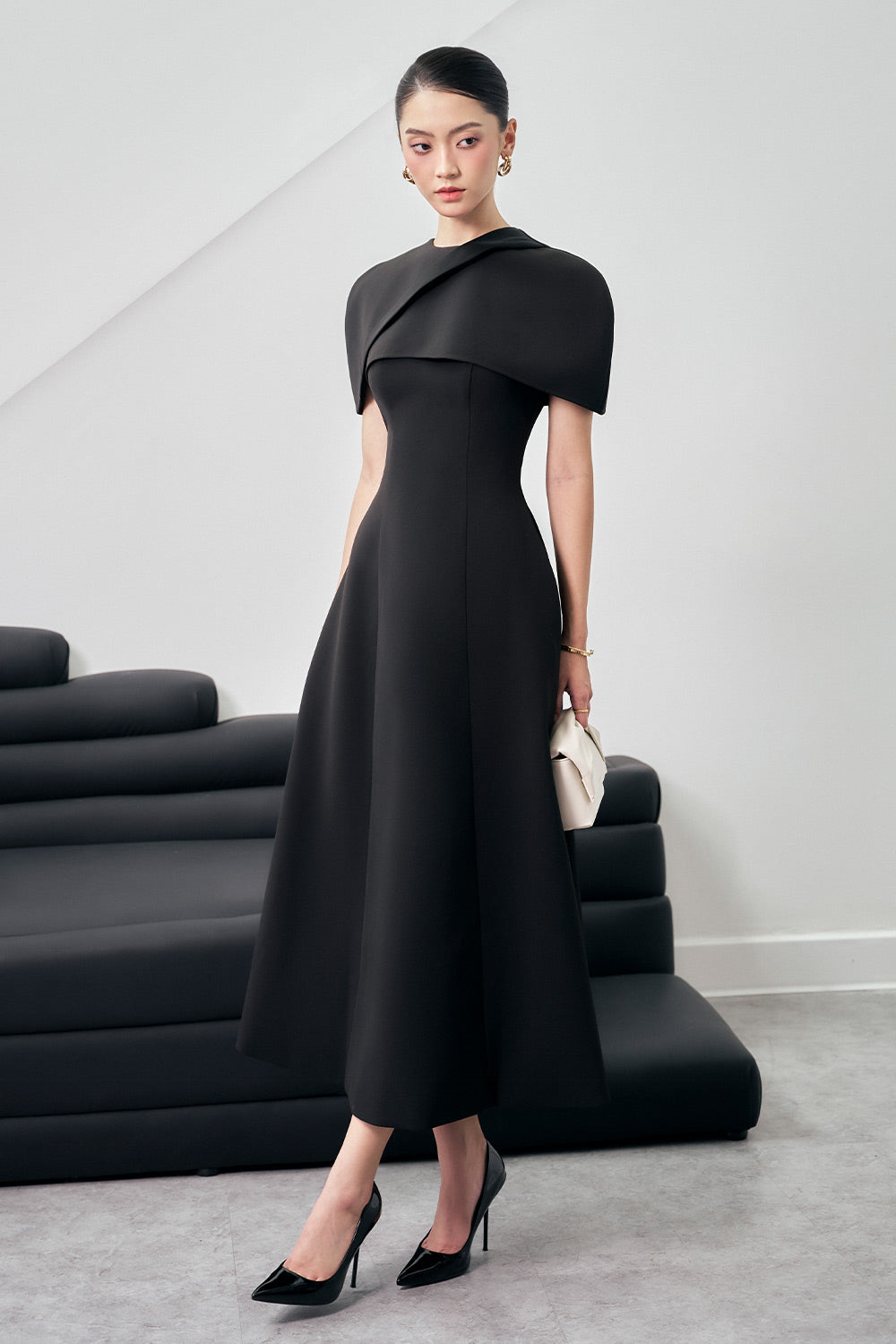 chinese dress ladies Women's Edith A-Line Cape Shoulder Wool Blend Midi Dress S/M/L/Customize Black Mean Blvd Black / L