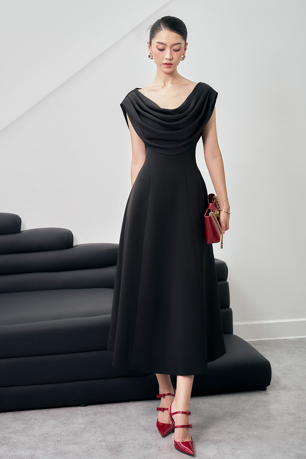 Giovanna A-line Cowl Neck Wool Blend Midi Dress