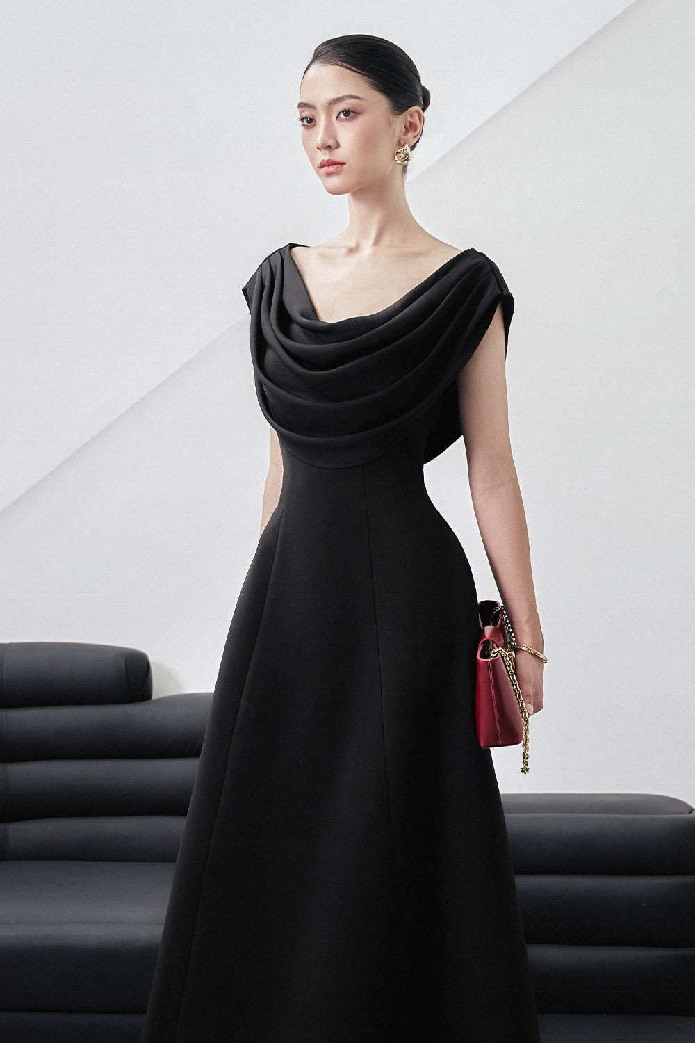 Giovanna A-line Cowl Neck Wool Blend Midi Dress