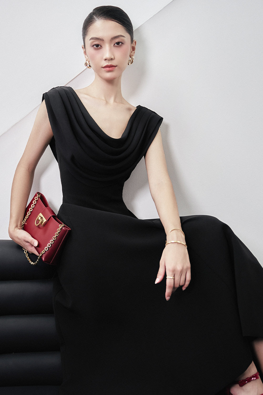 Giovanna A-line Cowl Neck Wool Blend Midi Dress