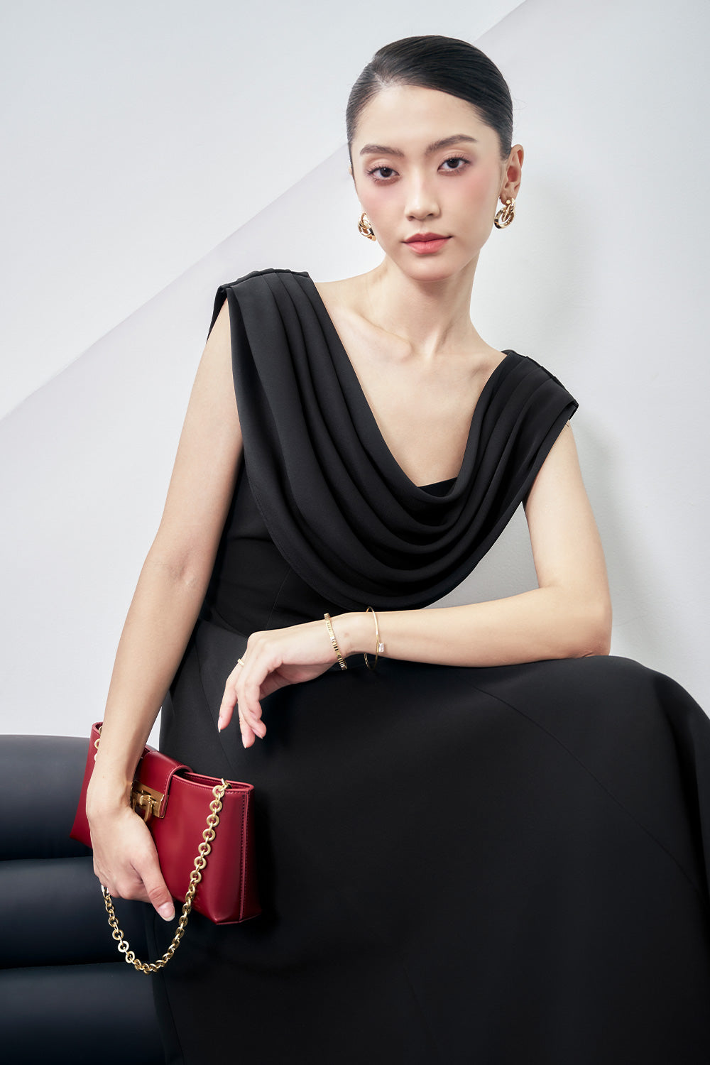 Giovanna A-line Cowl Neck Wool Blend Midi Dress