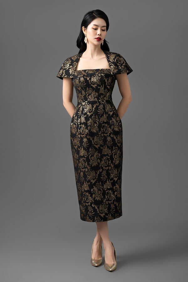 Anastasia Pegged Queen Anne Neck Brocade Midi Dress