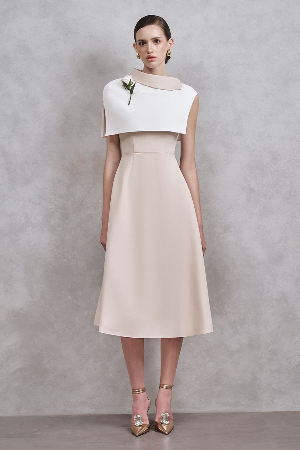 Kimberly A-line Cape Shoulder Cotton Midi Dress