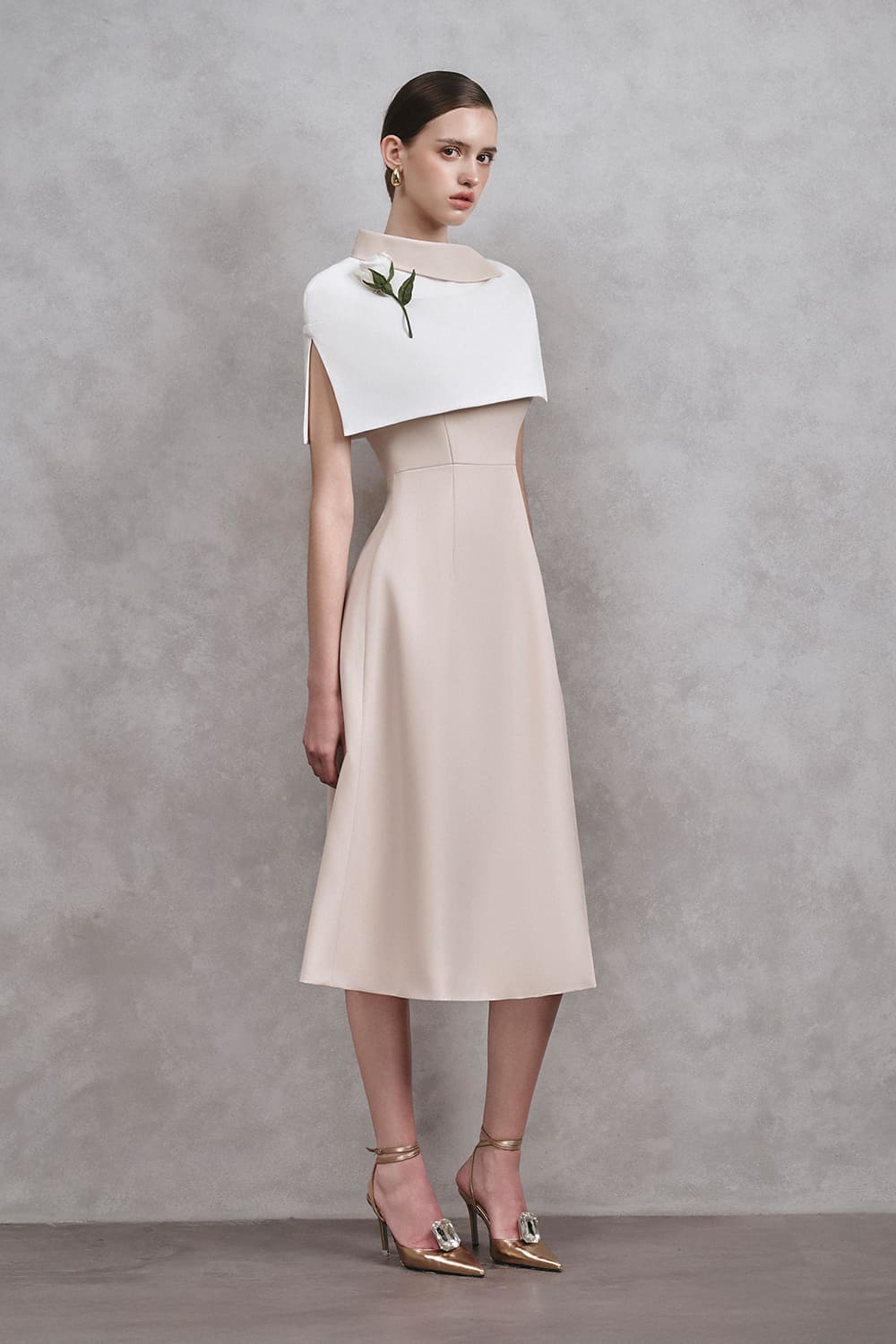 Women's Kimberly A-Line Cape Shoulder Cotton Midi Dress S/M/L/Customize Beige/White/Blue Mean Blvd Beige / M