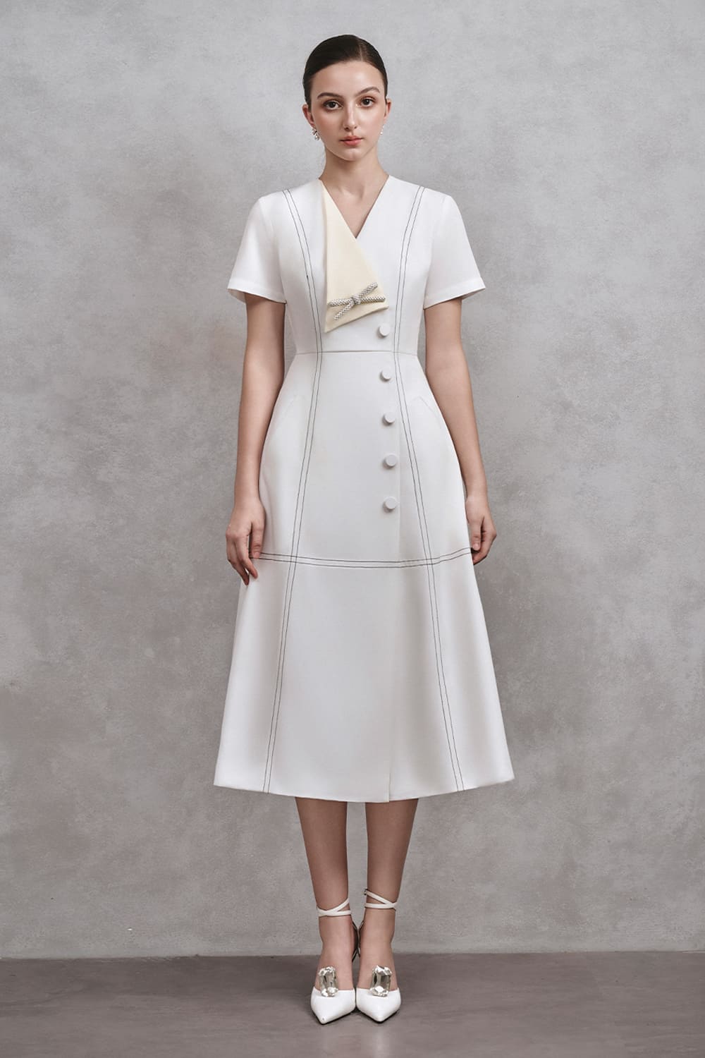 Diamond A-line V-Neck Cotton Midi Dress