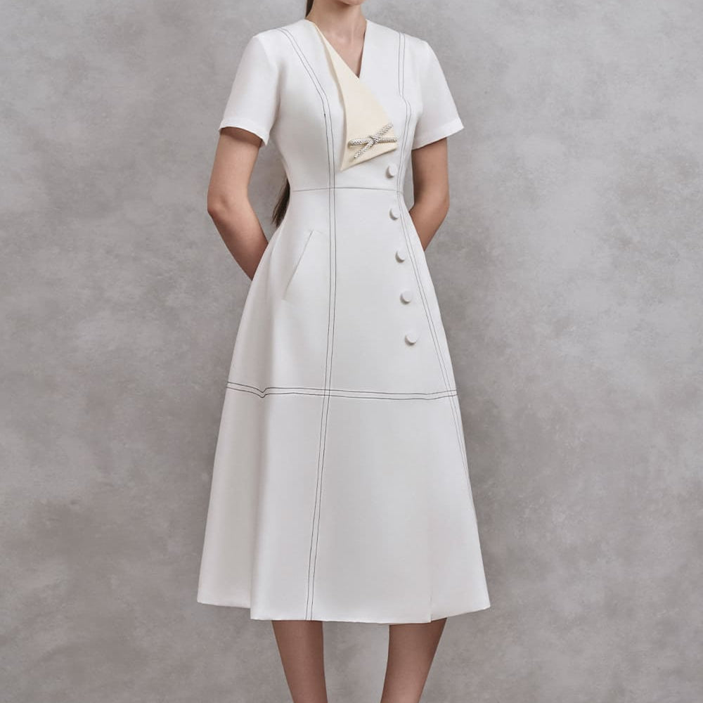 Diamond A-line V-Neck Cotton Midi Dress