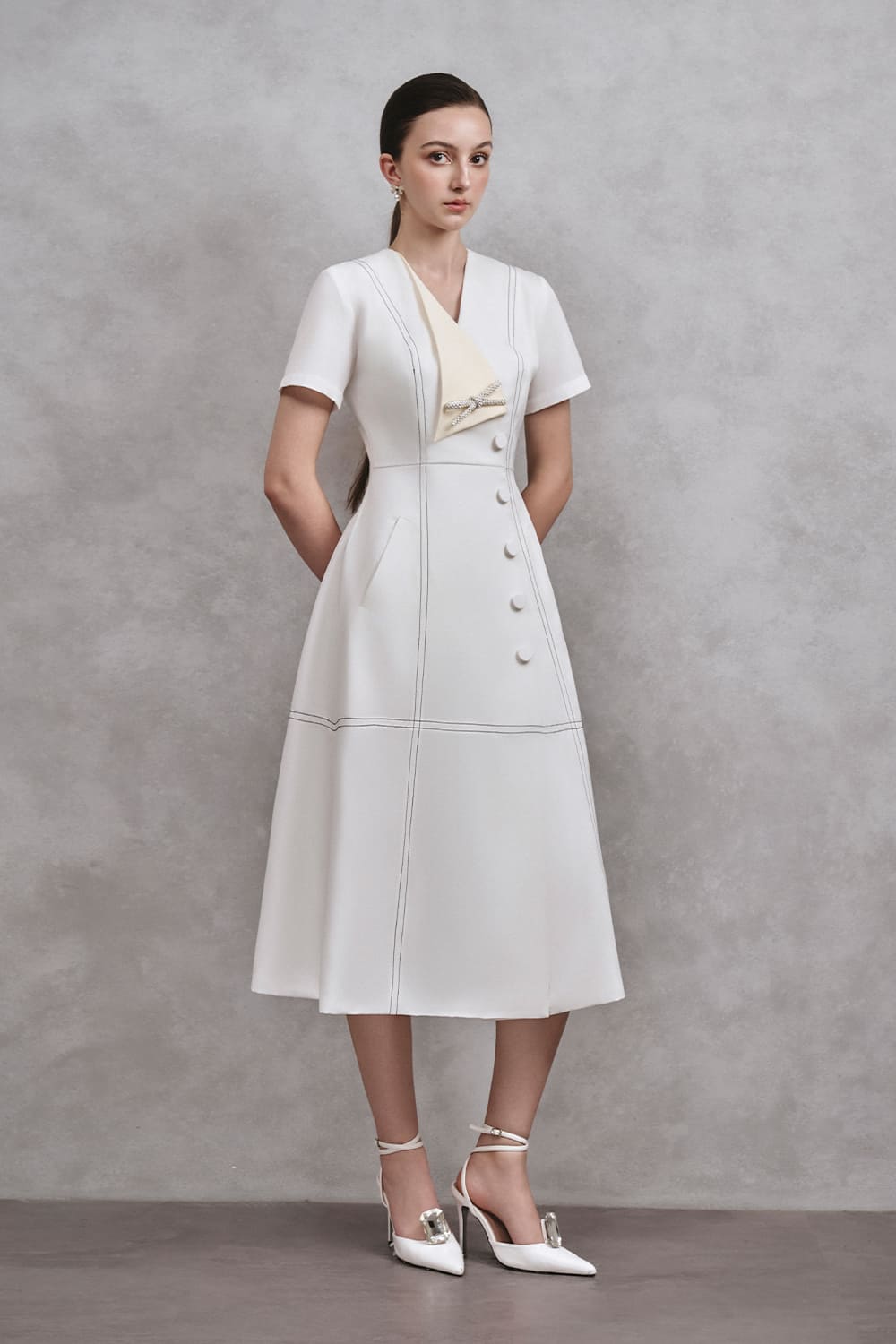 Diamond A-line V-Neck Cotton Midi Dress