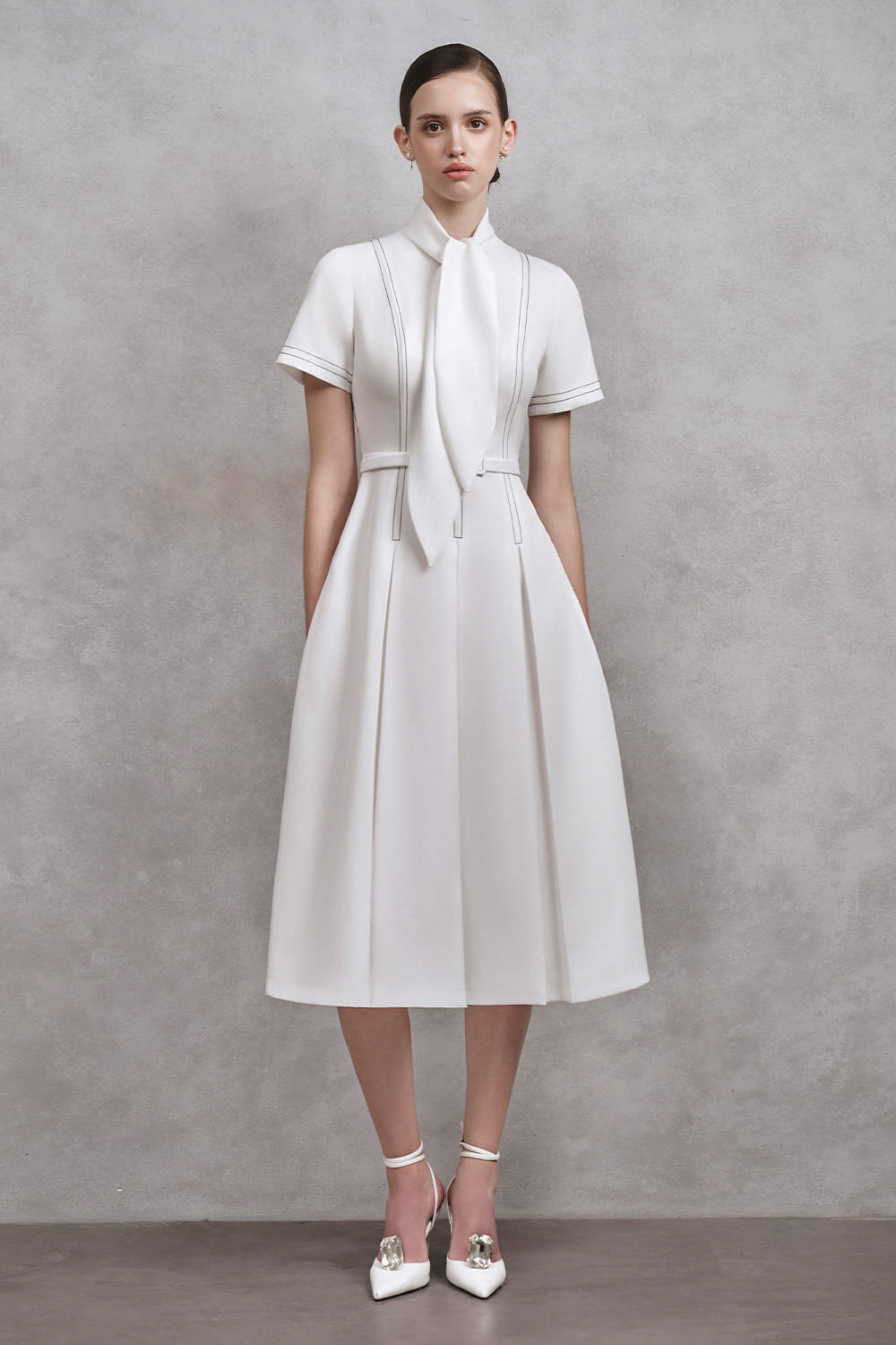 Nabi A-line Tie Neck Cotton Midi Dress