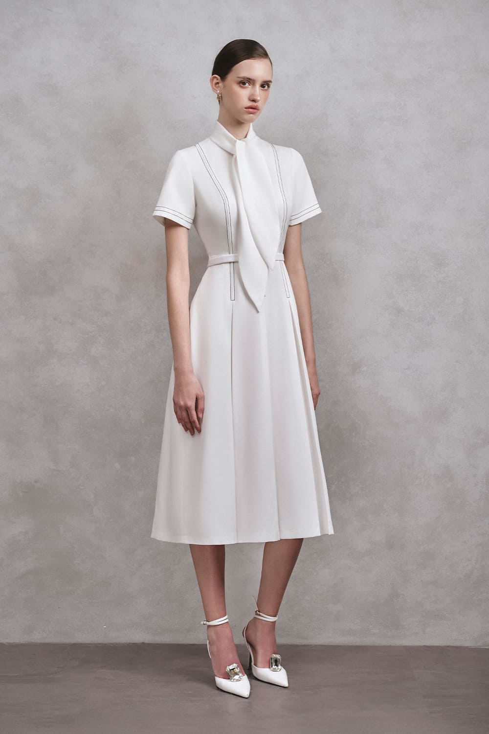 Women's Nabi A-Line Tie Neck Cotton Midi Dress S/M/L/Customize White/Light Beige/Blue Mean Blvd White / Customize