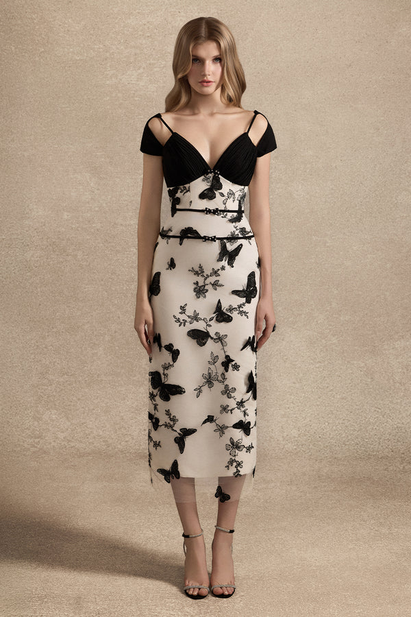 Bellatrix Cold Shoulder Sleeve Applique Midi Dress - MEAN BLVD