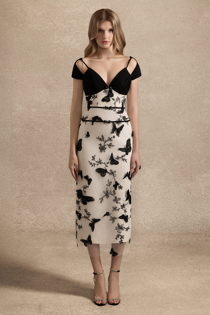 Bellatrix Cold Shoulder Sleeve Applique Midi Dress - MEAN BLVD