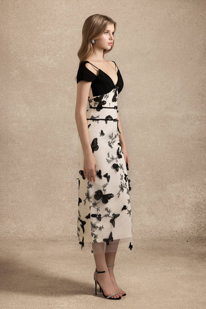 Bellatrix Cold Shoulder Sleeve Applique Midi Dress - MEAN BLVD