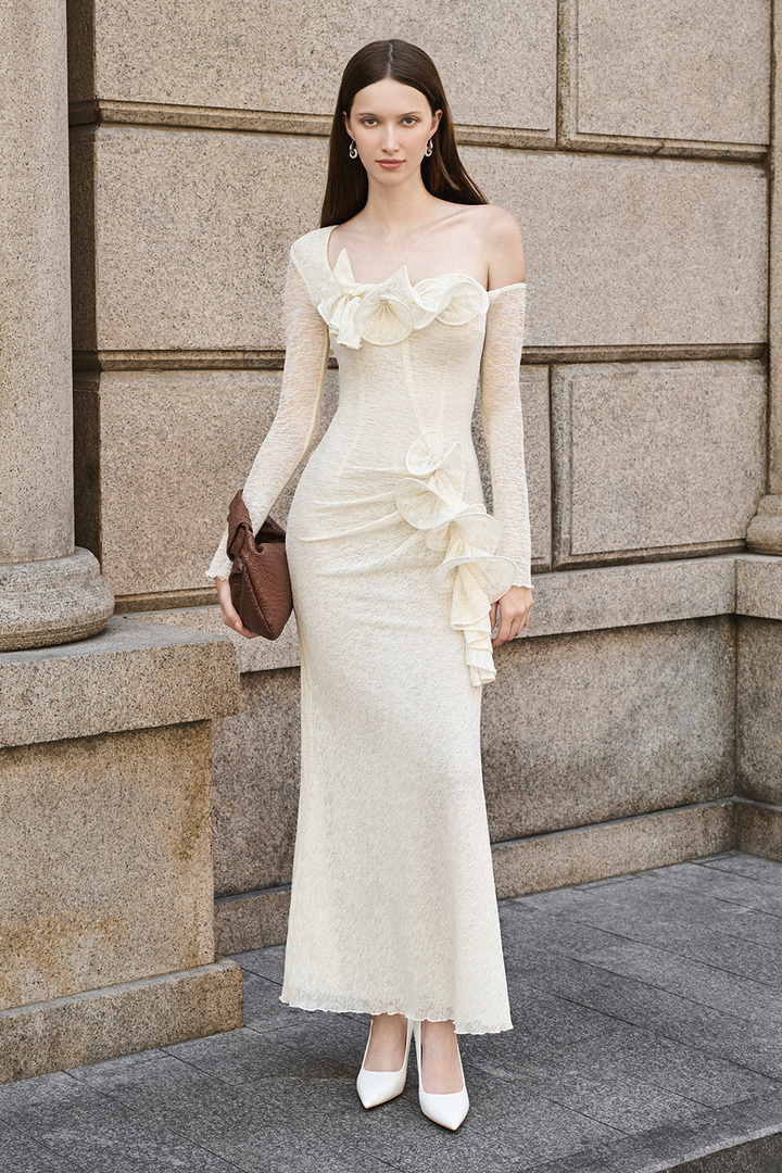 Bloom Asymmetric Sleeve Ruffe Maxi Dress - MEAN BLVD