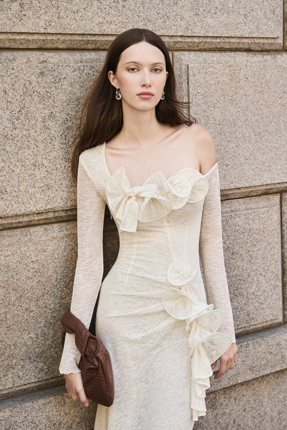 Women's Bloom Asymmetric Sleeve Ruffe Maxi Dress XS/S/M/L/XL/XXL/Customize  Ivory MEAN BLVD