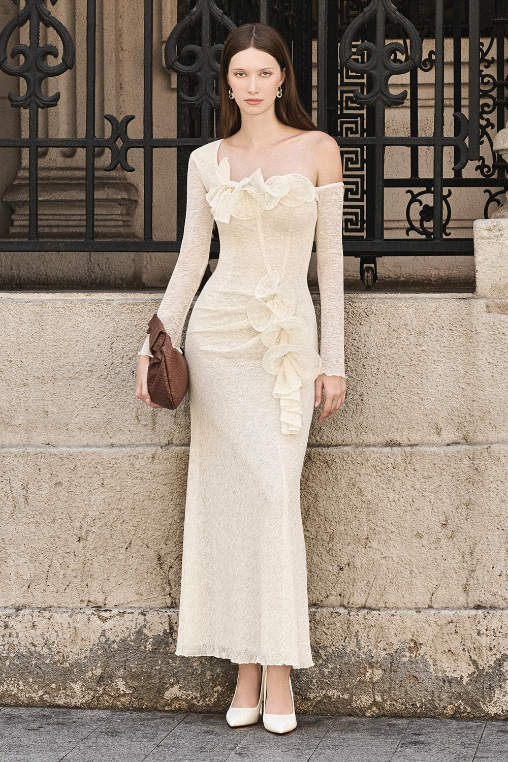 Women's Bloom Asymmetric Sleeve Ruffe Maxi Dress XS/S/M/L/XL/XXL/Customize  Ivory MEAN BLVD