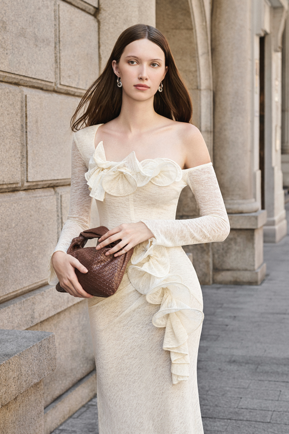 Women's Bloom Asymmetric Sleeve Ruffe Maxi Dress XS/S/M/L/XL/XXL/Customize Ivory MEAN BLVD Ivory / L Women's Bloom Asymmetric Sleeve Ruffe Maxi Dress XS/S/M/L/XL/XXL/Customize Ivory MEAN BLVD Ivory / L