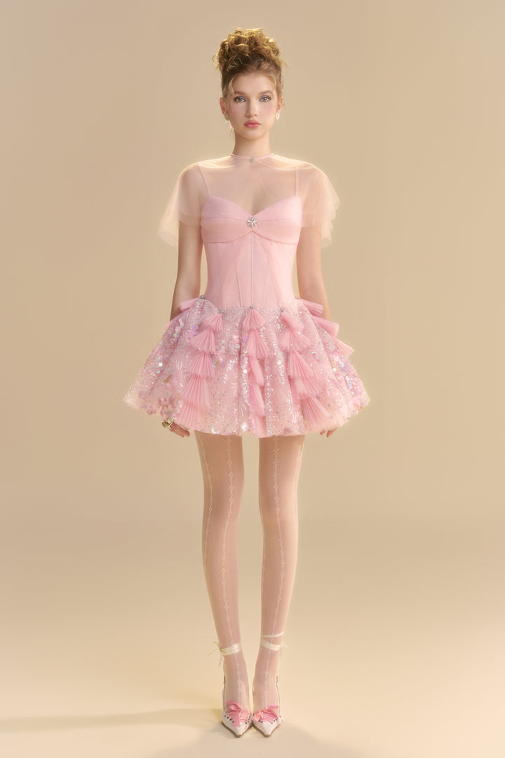 Blush Cape Sleeve Sequin Mini Dress - MEAN BLVD