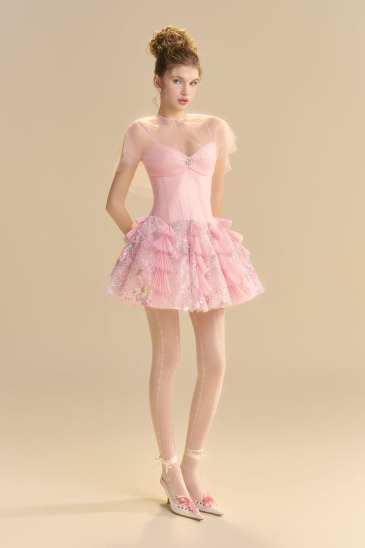 Blush Cape Sleeve Sequin Mini Dress - MEAN BLVD