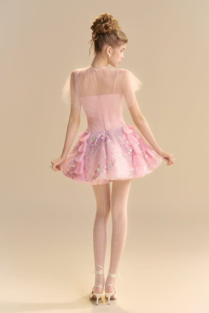 Blush Cape Sleeve Sequin Mini Dress - MEAN BLVD