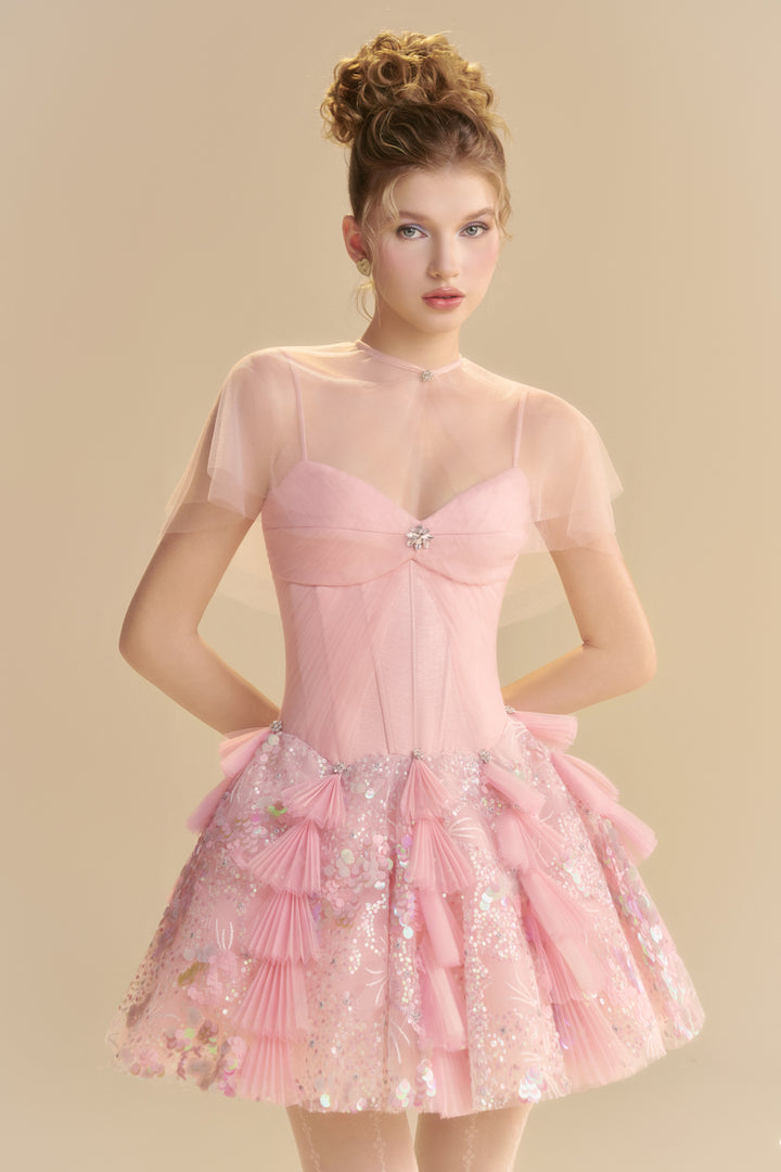 Blush Cape Sleeve Sequin Mini Dress - MEAN BLVD