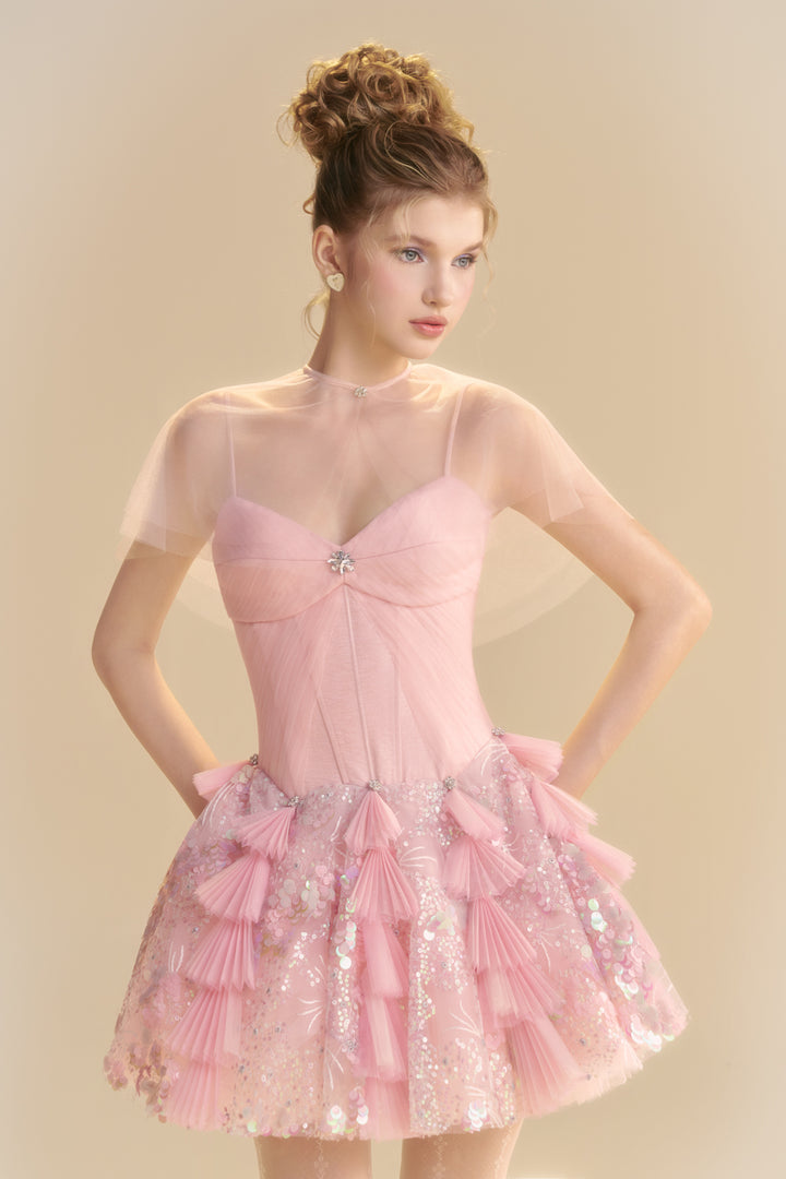 Blush Cape Sleeve Sequin Mini Dress - MEAN BLVD