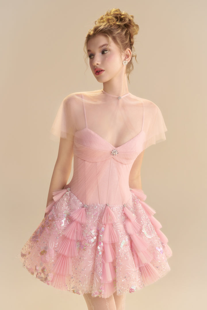 Blush Cape Sleeve Sequin Mini Dress - MEAN BLVD