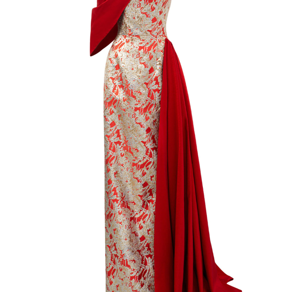 Ximena Strapless Asymmetric Jacquard Floor Length Dress