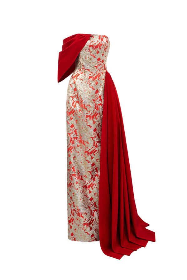 Ximena Strapless Asymmetric Jacquard Floor Length Dress