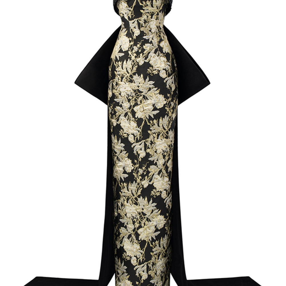 Bellamy Strapless Bow Tie Jacquard Floor Length Dress
