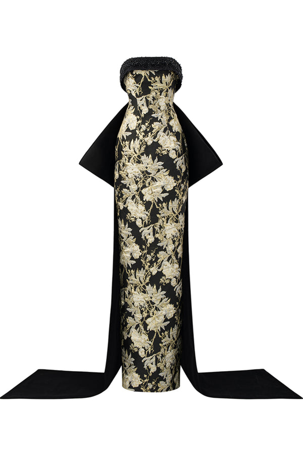 Bellamy Strapless Bow Tie Jacquard Floor Length Dress