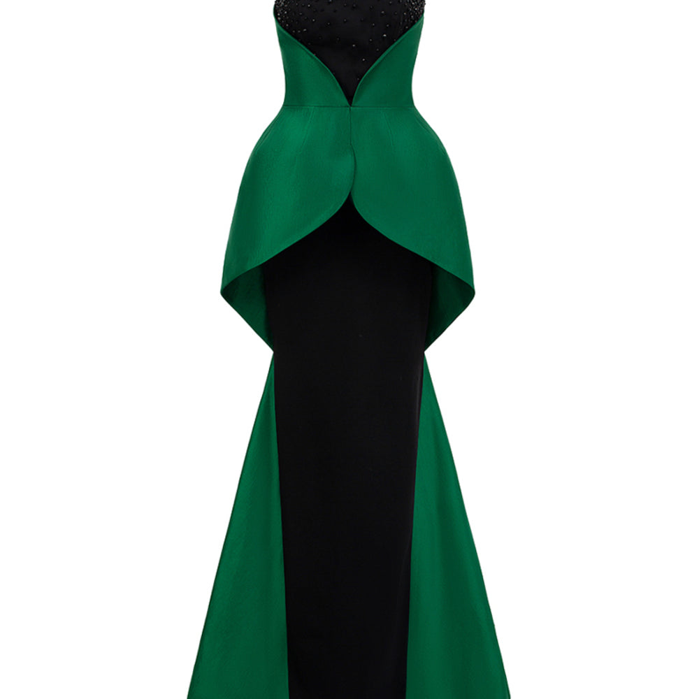 Angela Peplum Straight Across Neck Crepe Floor Length Dress