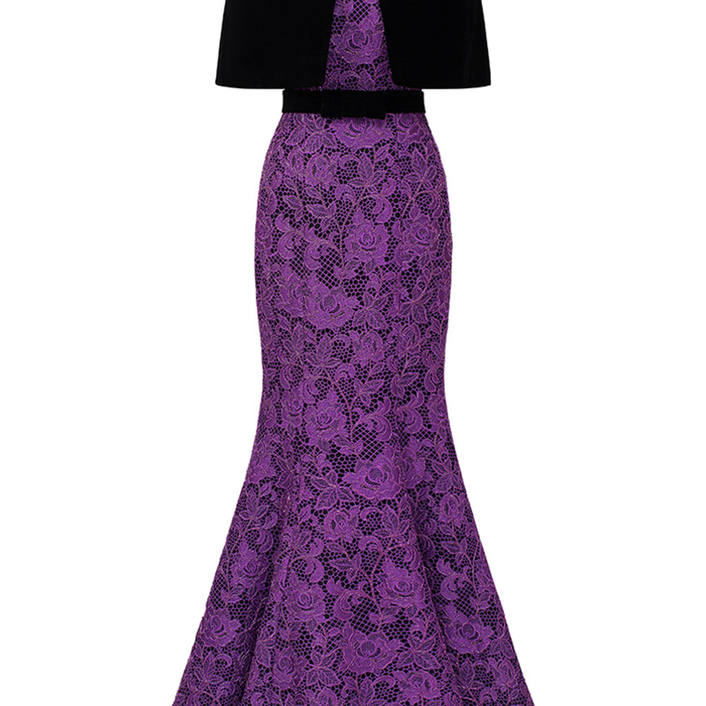 Kimberly Trumpet Cape Shoulder Lace Floor Length Set